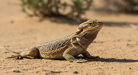 Sunlit CloseUp of a Bearded Dragons Intricate Scales and Alert Gaze.