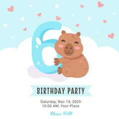 Birthday invitation design with capybara and number 6 on blue sky