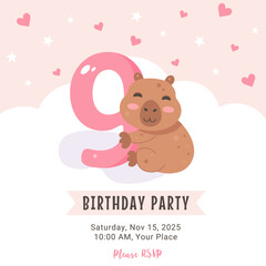 Birthday invitation design with capybara and number 9 on pink sky
