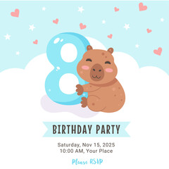 Birthday invitation design with capybara and number 8 on blue sky