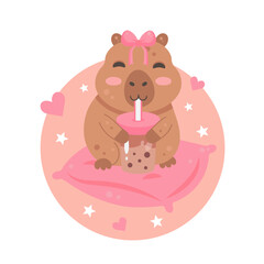 Capybara design with bubble tea and hearts on pink pillow