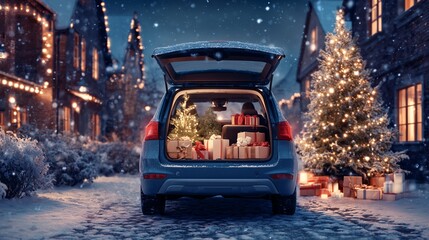 SUV with open trunk filled with gifts and decorated Christmas tree in snowy winter scene