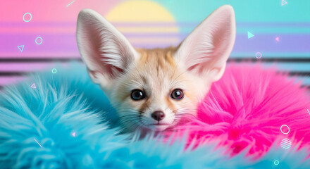 Cute pet sleeping on a futuristic bed with neon lights, fantasy
