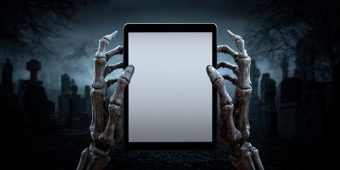 A pair of old skeleton hands holding an tablet with a blank screen with a spooky gravyard in the background