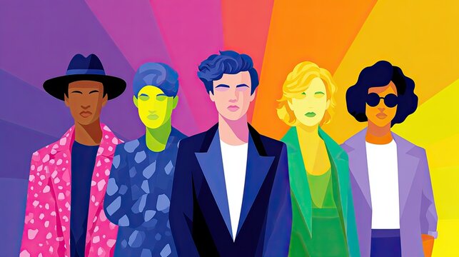 Flat vector infographic of LGBTQ+ history milestones , diverse group of stylish individuals posing confidently against a vibrant, colorful abstract background - Powered by Adobe