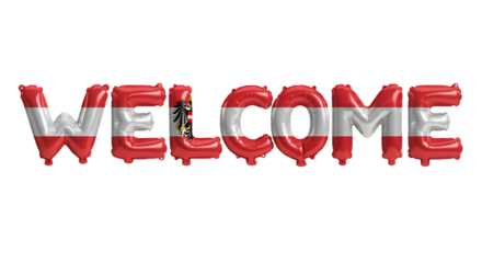 Welcome balloon text with Austrian national flag on isolated transparent background