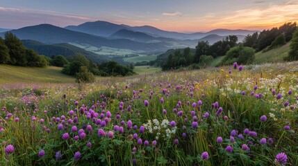 Fototapeta premium Vibrant wildflower meadow with rolling hills and mountains under a colorful sunset sky