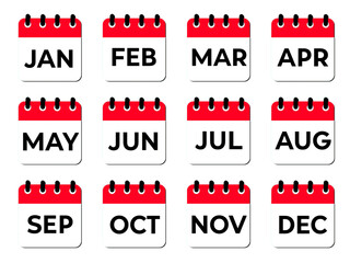 Colorful Monthly Calendar Icons – January to December, Illustration of Monthly calendar showing all Twelve Months , January, February, March April May June July August September October November Decem