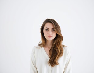 Obraz premium Portrait of a young woman with long brown hair wearing a white blouse against a white background