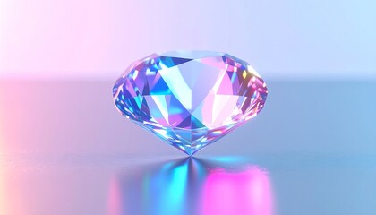A captivating, multifaceted gem gleams under vibrant, pastel lighting, showcasing its intricate facets and reflecting the surrounding hues.