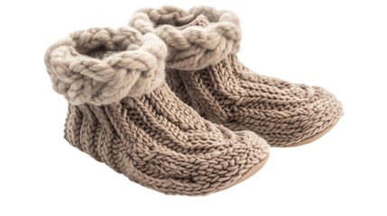 Illustration of pair of knitted wool slippers isolated on transparent background, perfect for keeping your feet warm and comfortable during the cold winter months and relaxing at home