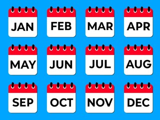 Colorful Monthly Calendar Icons – January to December, Illustration of Monthly calendar showing all Twelve Months , January, February, March April May June July August September October November Decem