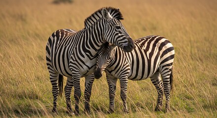 Obraz premium Two Affectionate Zebras Nuzzling in the Golden Light of the African Savanna.