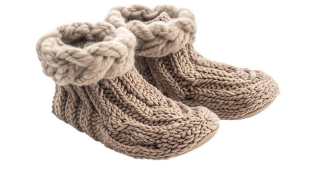 Illustration of pair of knitted wool slippers isolated on transparent background, perfect for keeping your feet warm and comfortable during the cold winter months and relaxing at home