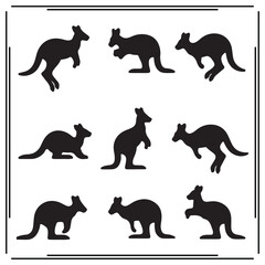 Set of Kangaroo Silhouettes, Jumping, Standing, and Running Kangaroos, Black Icons on White Background, Australian Wildlife and Animal Vector