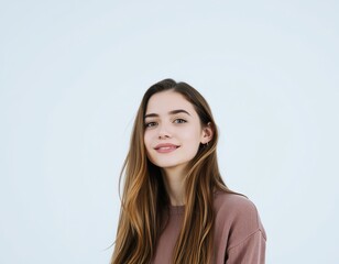 Obraz premium A portrait of a young woman with long brown hair and green eyes wearing a pink sweater smiling softly