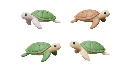 Fototapeta premium Cartoon turtle illustrations with varied shell colors on a white background for design or educational use