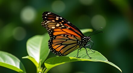 Fototapeta premium Vibrant Monarch Butterfly in Profile Resting on a Sunlit Leaf Amidst Lush Greenery.