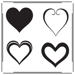Set of Heart Silhouettes, Different Heart Shapes, Black Icons on White Background, Love and Romance Symbols, Valentine’s Day Decorations