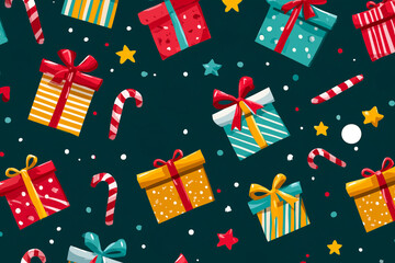 Christmas  wrapping paper design  with gift boxes, candy canes, and stars, playful flat vector illustration