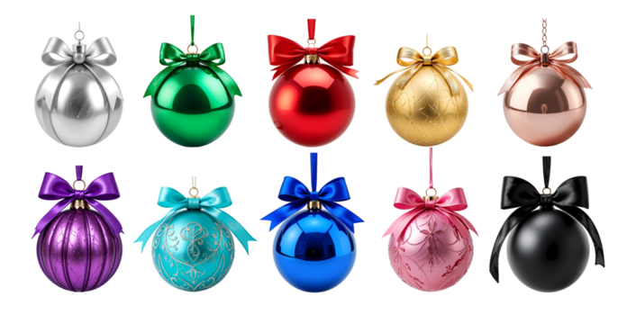 Christmas Bauble Ornaments with Decorative Bows Festive Spheres in Metallic, Glossy, and Glitter Finishes PNG Transparent Background Holiday Decoration Set