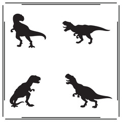 Set of Dinosaur Silhouettes, T-Rex, Black Silhouettes on White Background, Dinosaur Icons for Kids, Prehistoric Animal Vector Illustration