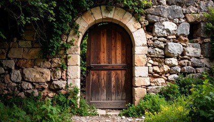 Fototapeta premium Ancient Stone Wall With Rustic Wooden Doorway and Overgrown Greenery.