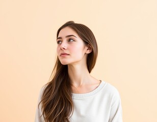 Obraz premium Portrait of a young woman with long brown hair looking to the side against a peach background wall