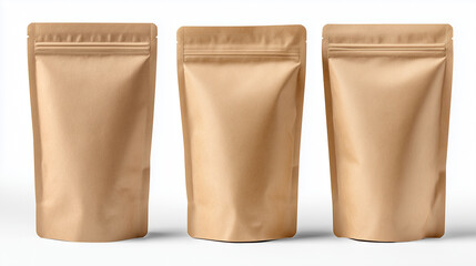 Three kraft paper bags with zip lock closure arranged in a row, showcasing versatile packaging options for various products and branding opportunities
