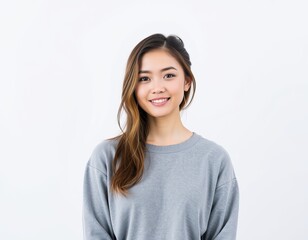 Portrait of a young woman with long brown hair smiling while wearing a gray long sleeved shirt