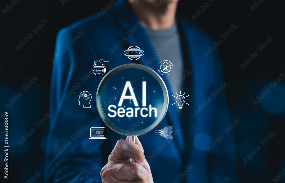 Poster ai search engine technology and innovation concept. businessman holding magnifying glass with ai sea