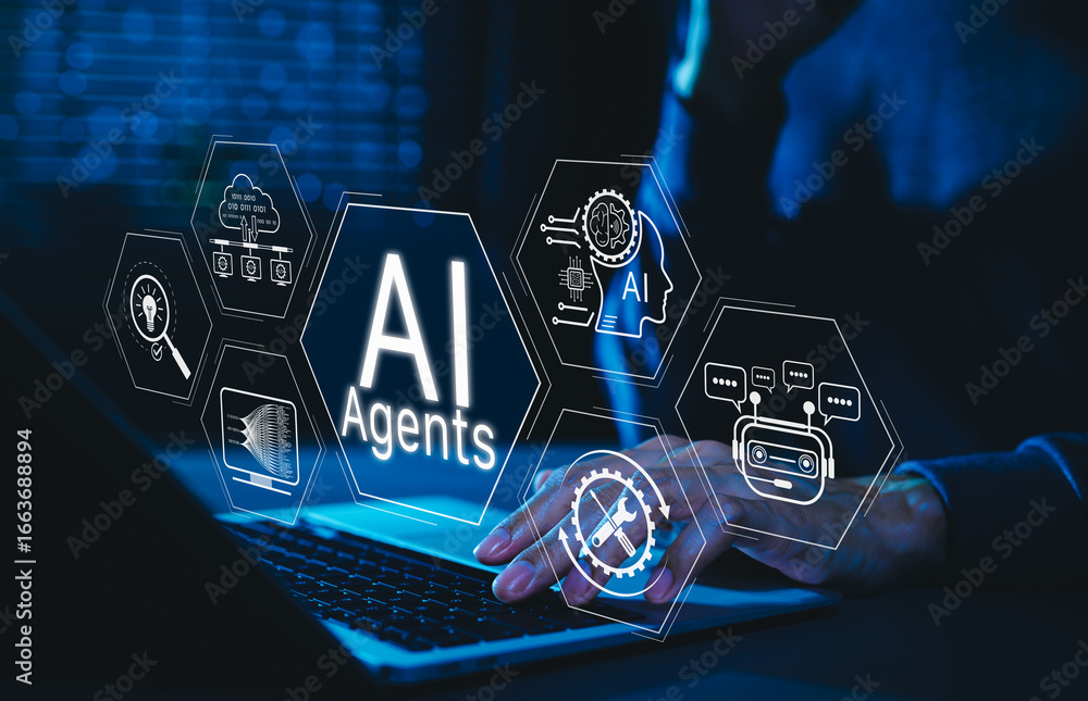 Poster ai agent technology for automation and virtual assistance. man using laptop with ai agents icons, sm