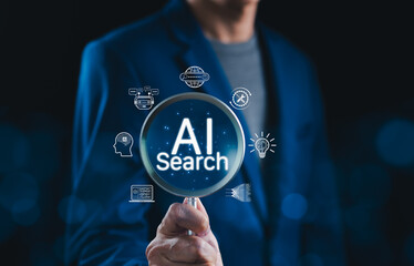 AI Search Engine Technology and Innovation Concept. Businessman holding magnifying glass with AI search text, icons of artificial intelligence, chatbot, big data, representing AI-driven search tech.
