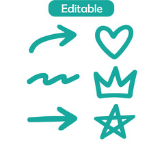 Line Brush Heart Vector Set, Chalkboard Doodle Icons, Hand Drawn Arrow Cloud Star, Cute Crown Sketch with Marker Stroke Pencil Highlight