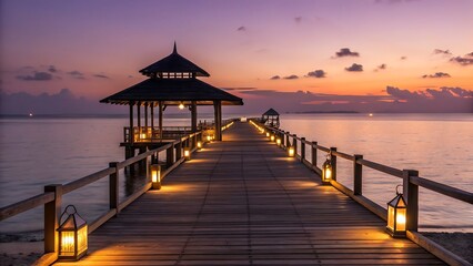 Obraz premium Sunset Over Tranquil Waters: A Wooden Pier with Gazebo and Lanterns Extending into the Ocean.