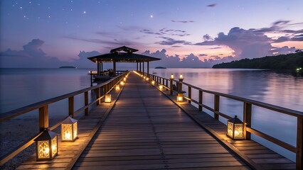 Obraz premium Twilight Journey: Illuminated Pathway Leading to Tranquil Waters with a Gazebo Beneath the Starry Sky.