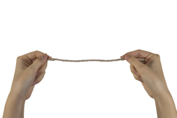 Hands holding taut twine isolated on a transparent background stretching