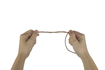 Hands holding thin brown string isolated on a transparent background thread