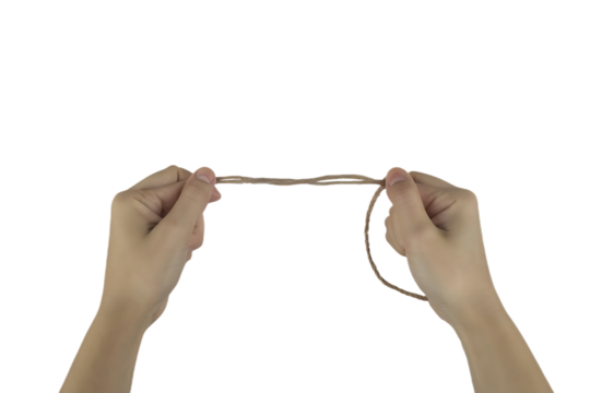 Hands holding thin brown string isolated on a transparent background thread