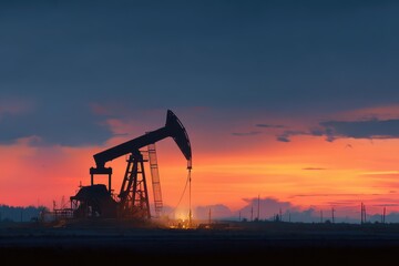 Evening Shadows: Oil Field Pumping Unit in Action with Modern Drilling Technology