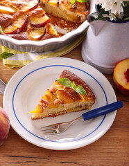 Homemade peach cake, sliced