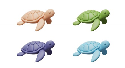 Four stylized turtles in pastel colors isolated on white background