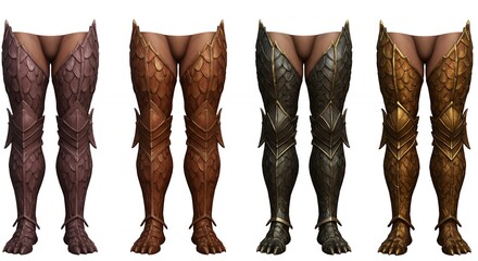 Four sets of detailed leg armor in various metallic colors showcasing design and texture for artistic and commercial use