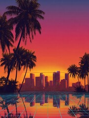 retrostyle illustration of a city skyline at sunset with palm trees and a vibrant pink and orange sky over a grid
