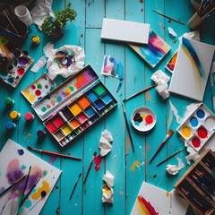 Vibrant Artist's Workspace: A Creative Chaos of Color