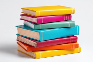Fototapeta premium Vibrantly-Covered Textbooks Stacked on a White Surface: A Visual Journey Through Learning and Literature in an Academic Setting