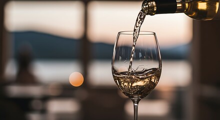 Pouring white wine into an aesthetic glass with a blurry background tasting wine, wine bottle, wine glass, drinking alcohol, relaxing