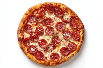 Top-Down Perspective of Delicious Pepperoni Pizza with Melted Cheese and Fresh Tomatoes on a White Plate