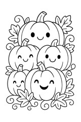 Obraz premium Cute pumpkin patch with smiling faces in kawaii Halloween coloring illustration 