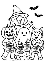 Fototapeta premium Group of trick or treat kids in costumes with pumpkins and candy buckets - AI Generated